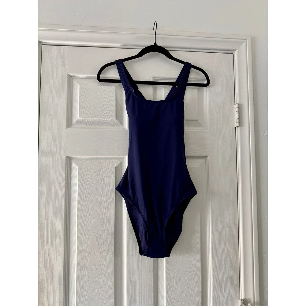 quince italian cross-back one-piece swimsuit deep navy blue, women size medium